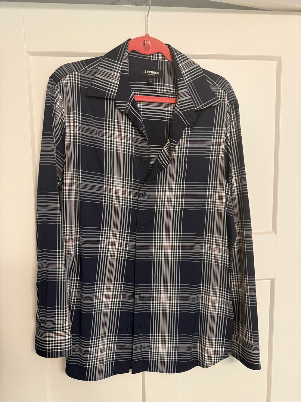 Express Men’s Navy and White Plaid Button-Down Shirt